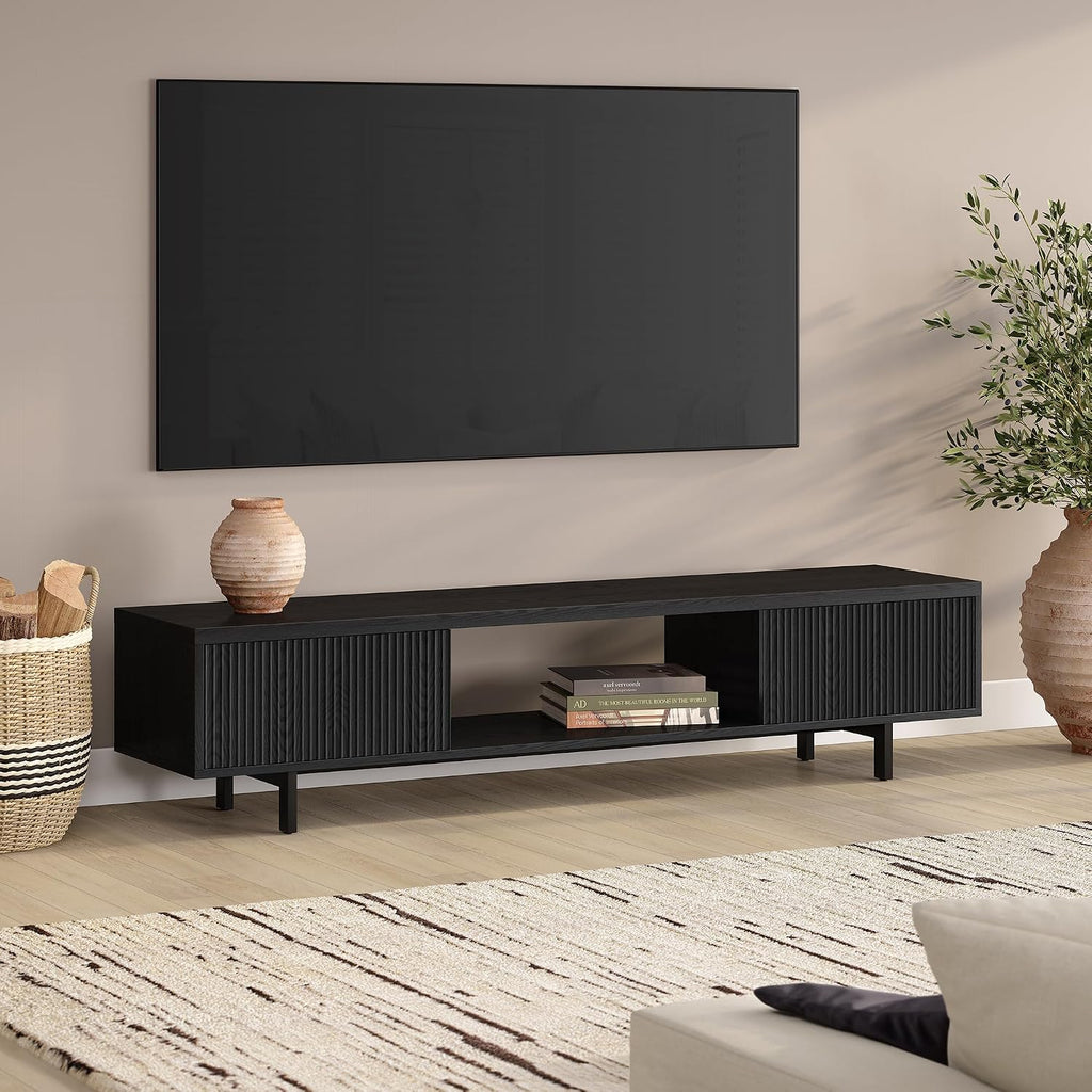 Henn&Hart Fluted TV Stand for TVs up to 78' with 2 Ribbed Side Storage Cabinets and Open Center Storage for Living Room, Family Room, or Office, Natural Black