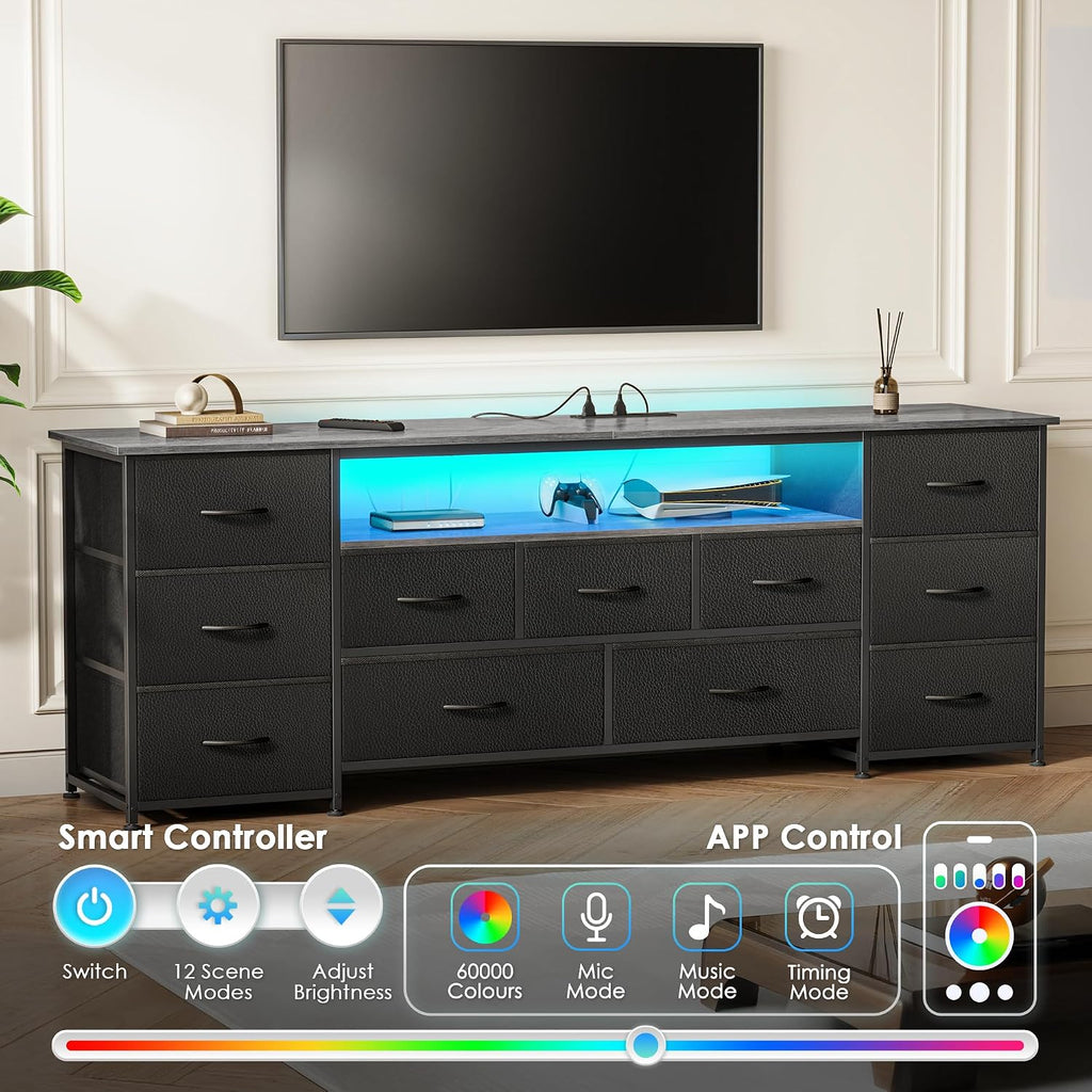 Huuger 63 Inch TV Stand for 65, 70 Inch TV, 11 Drawer Long Dresser with Power Outlets and LED Lights, Entertainment Center with Storage, Grey Dresser with PU Leather Surface