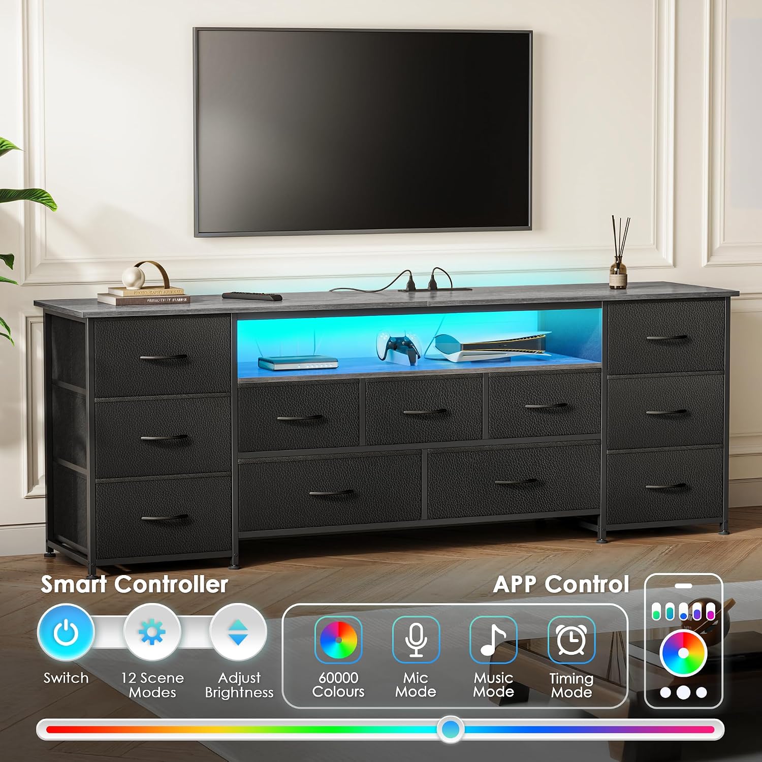 Huuger 63 Inch TV Stand for 65, 70 Inch TV, 11 Drawer Long Dresser with Power Outlets and LED Lights, Entertainment Center with Storage, Grey Dresser with PU Leather Surface