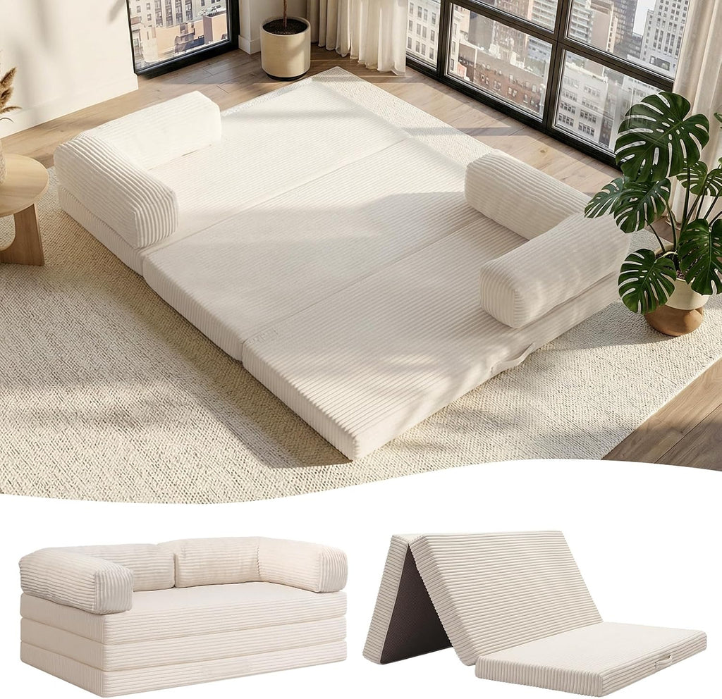 JUIKURY Folding Sofa Bed, Convertible Sleeper Chair with Pilow Foldable Matress, 2 in 1 Pull Out Loveseat Sofa Portable Fold Out Chair Bed Floor Couch Lounge for Living Room (Beige, Queen-82'L x 60'W)