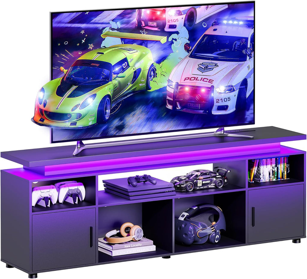 SUNCOZE TV Stand, Entertainment Center with LED Lights and Cabinet for 70/75/80 Inch TV, Modern TV Console Gaming Media Television Stands with Power Outlets for PS5 in Living Room and Bedroom, Black