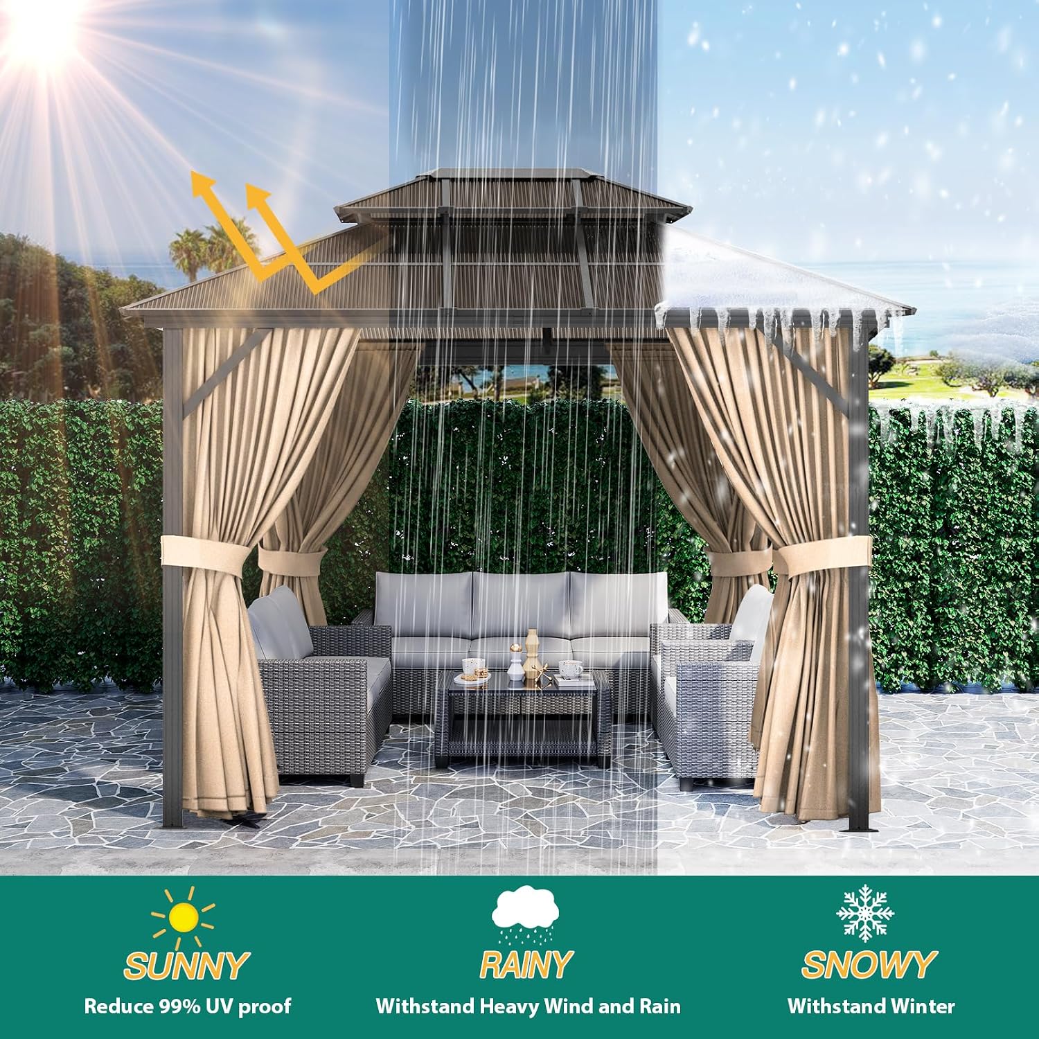 10X13 FT Hardtop Gazebo with Double Roof, Heavy-Duty Aluminum Frame & All-Weather Polycarbonate Canopy, Includes Netting & Curtains for Patio, Garden, Poolside Khaki