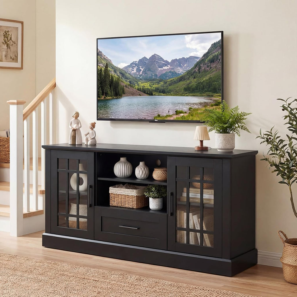 Tangkula Farmhouse TV Stand for TV up to 65 70 Inches, Tall Media Console Table with 2 Glass Storage Cabinets, 1 Drawer & 2 Open Shelves, Wooden Entertainment Center for Living Room (Black)