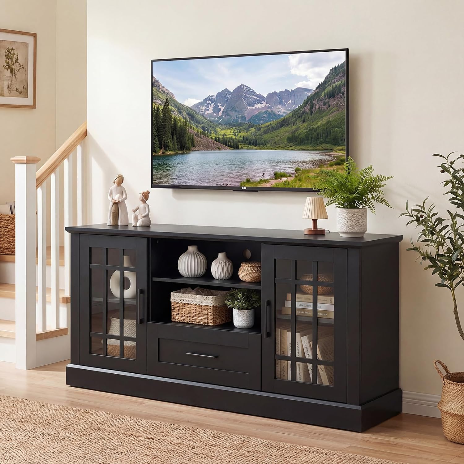 Tangkula Farmhouse TV Stand for TV up to 65 70 Inches, Tall Media Console Table with 2 Glass Storage Cabinets, 1 Drawer & 2 Open Shelves, Wooden Entertainment Center for Living Room (Black)