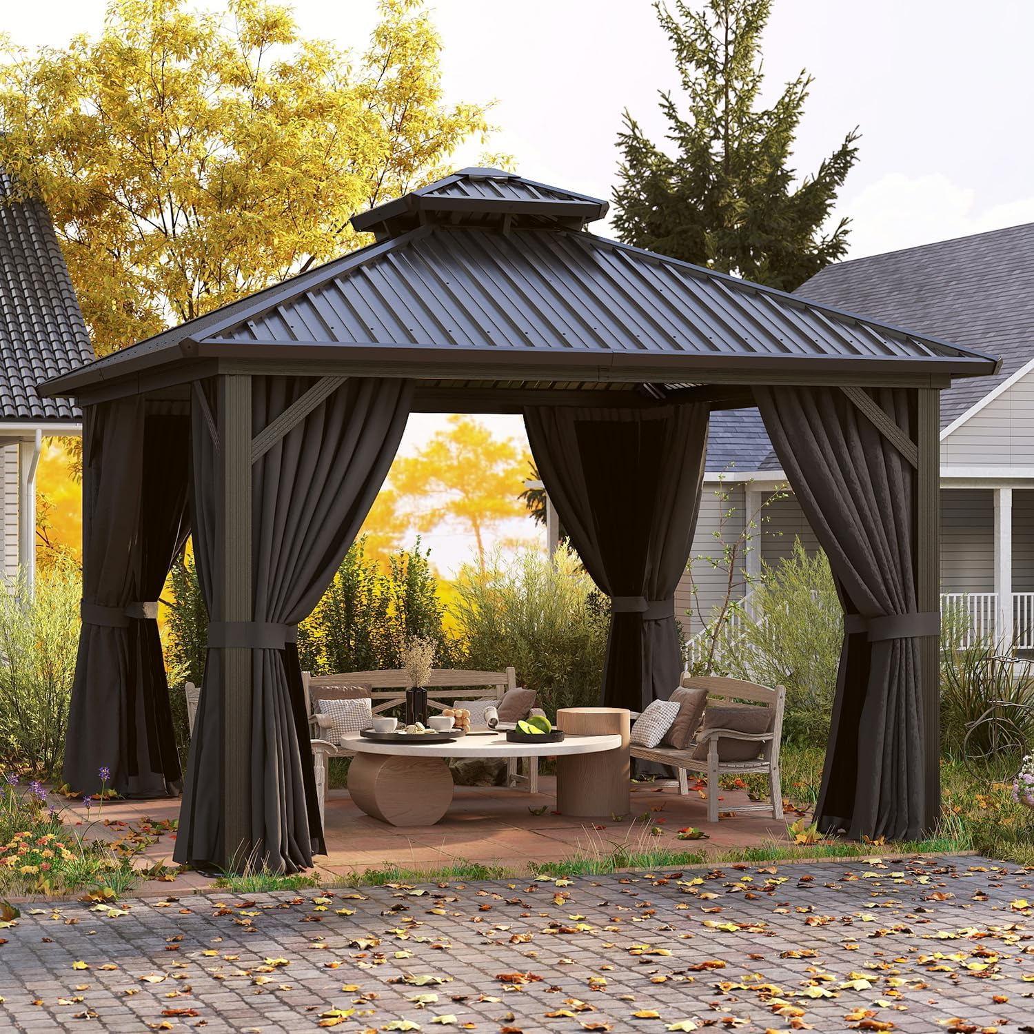 12' x 12' Hardtop Gazebo, Aluminum Frame with Double Galvanized Steel Roof, Outdoor Metal Pavilion with Netting and Curtains for Patio, Backyard, and Deck