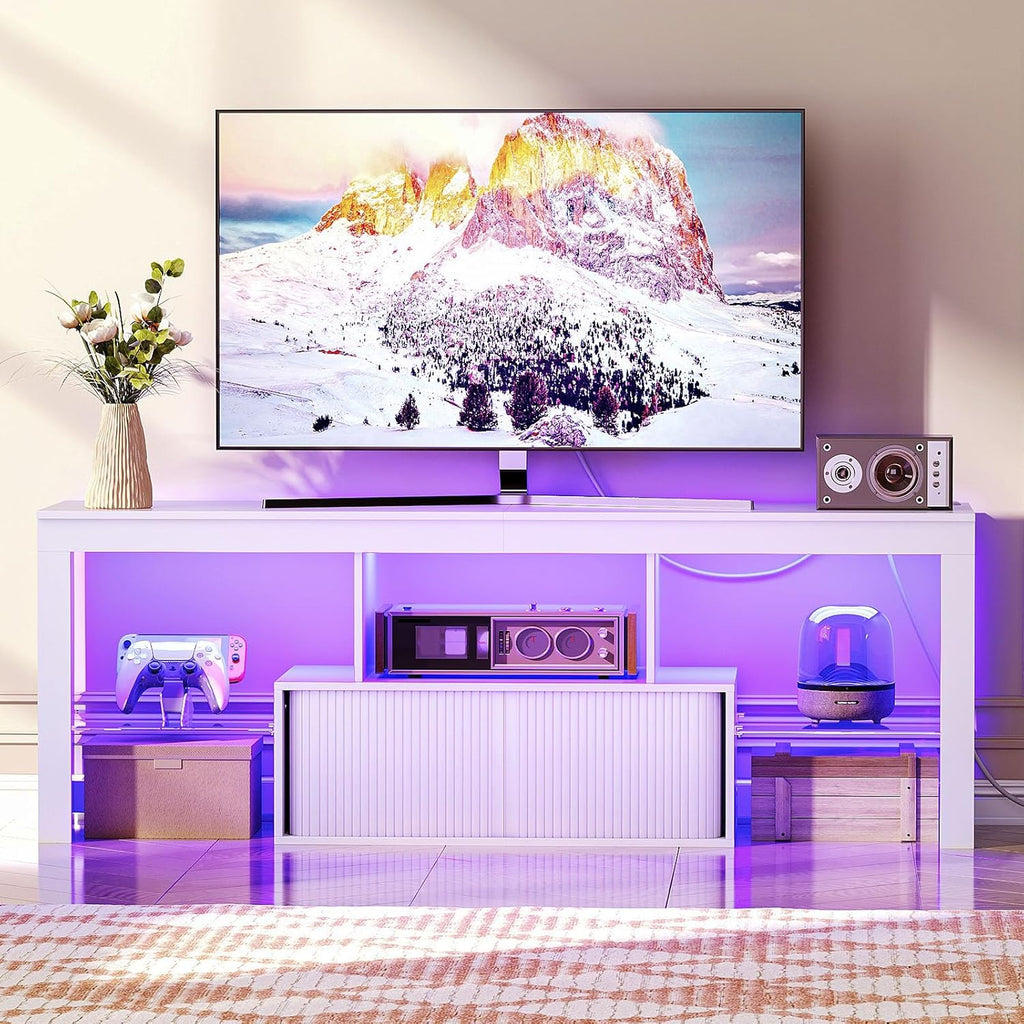 CHOEZON TV Stand with Power Outlet, Modern TV Cabinet for 55 60 inch TVs, Media TV Console with LED Light Strip, Media Entertainment Center with Storage, for Living Room, Bedroom, White MDS02UDWB