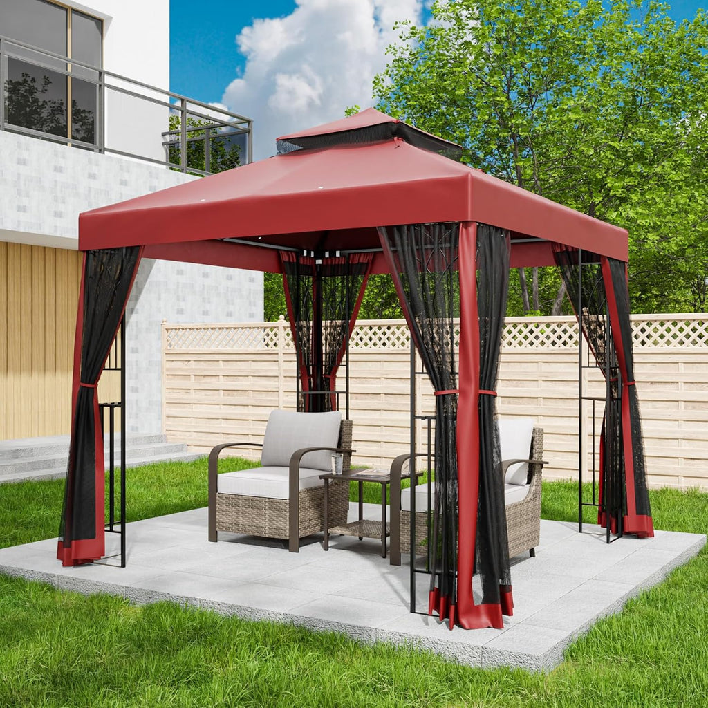 EAGLE PEAK 8x8 Patio Gazebo with Mesh Netting, Double Roof Outdoor Pavilion with Corner Shelves for Lawn, Deck, Garden and Backyard, Red