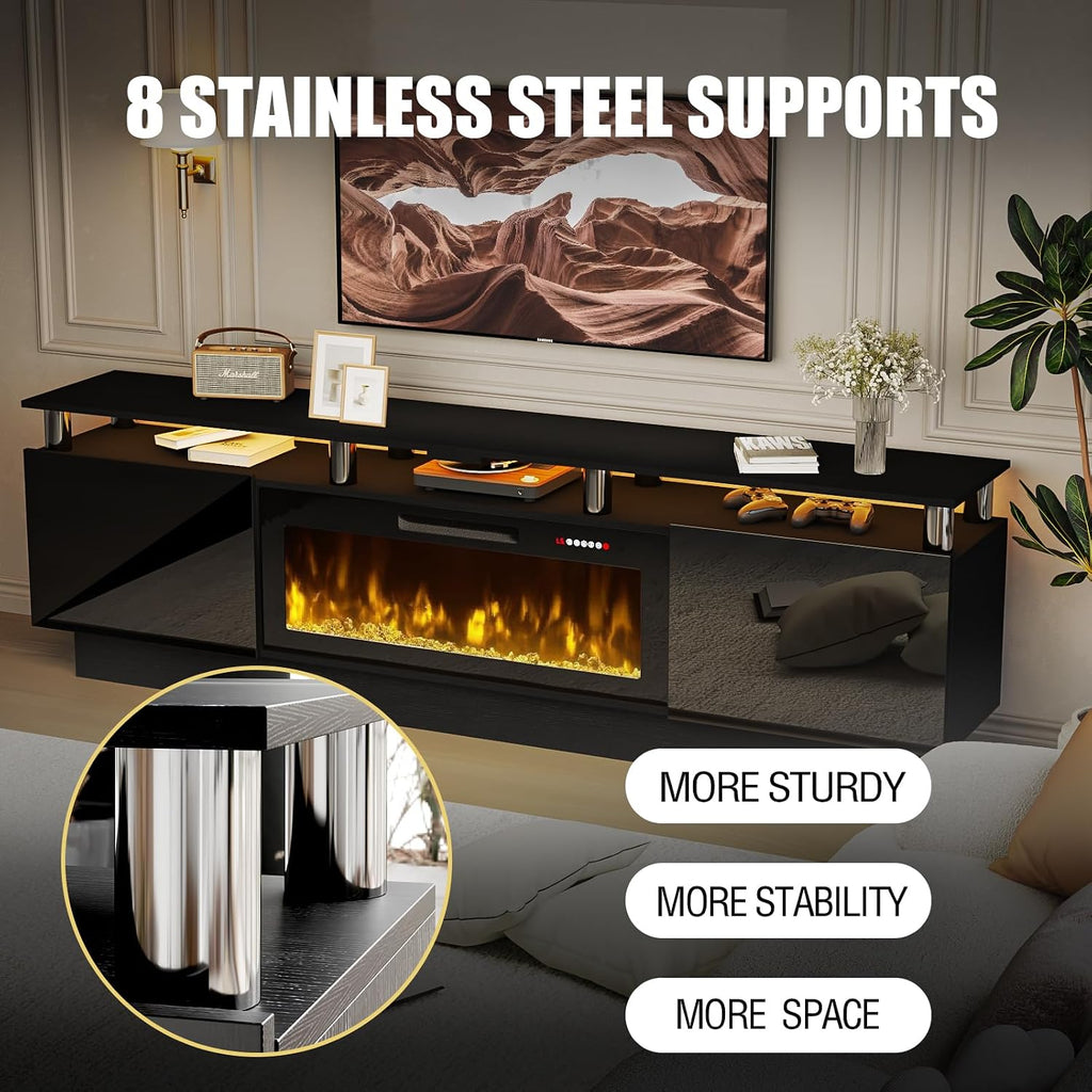PRETZI 80' Modern Fireplace TV Stand with 36' Electric Fireplace for TVs Up to 90 inch, Luxury LED Light Entertainment Center with High Gloss Cabinet, TV Consoles for Living Room, Black