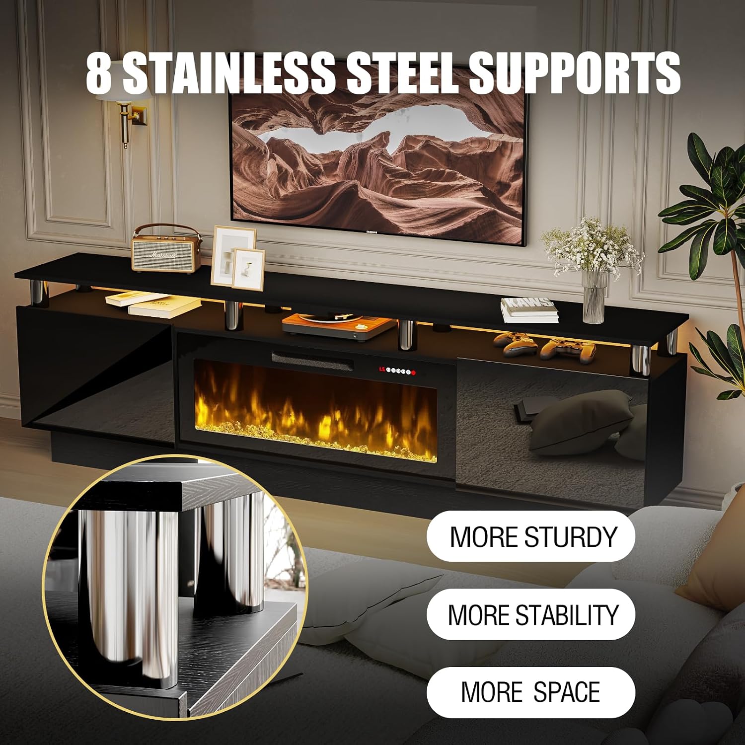 PRETZI 80' Modern Fireplace TV Stand with 36' Electric Fireplace for TVs Up to 90 inch, Luxury LED Light Entertainment Center with High Gloss Cabinet, TV Consoles for Living Room, Black