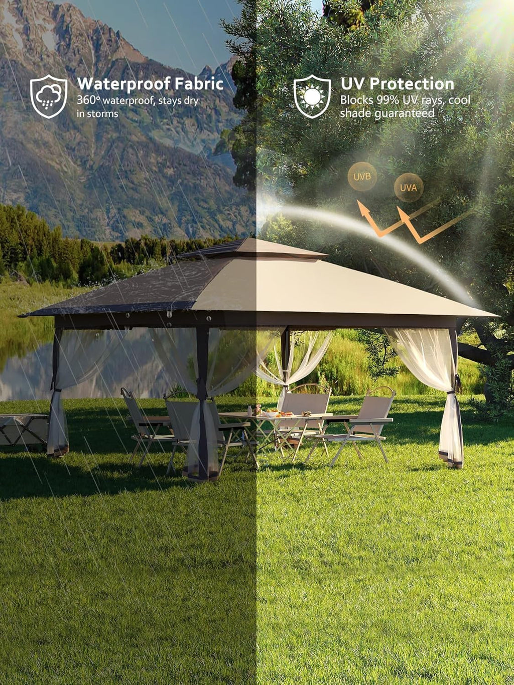 13x13ft Pop-Up Gazebo, Outdoor Canopy Tent With Mosquito Netting, Heavy Duty Party Tent Shelter With Waterproof and Ultraviolet Double Roof for Backyard, Garden, Lawn and Deck (Khaki)