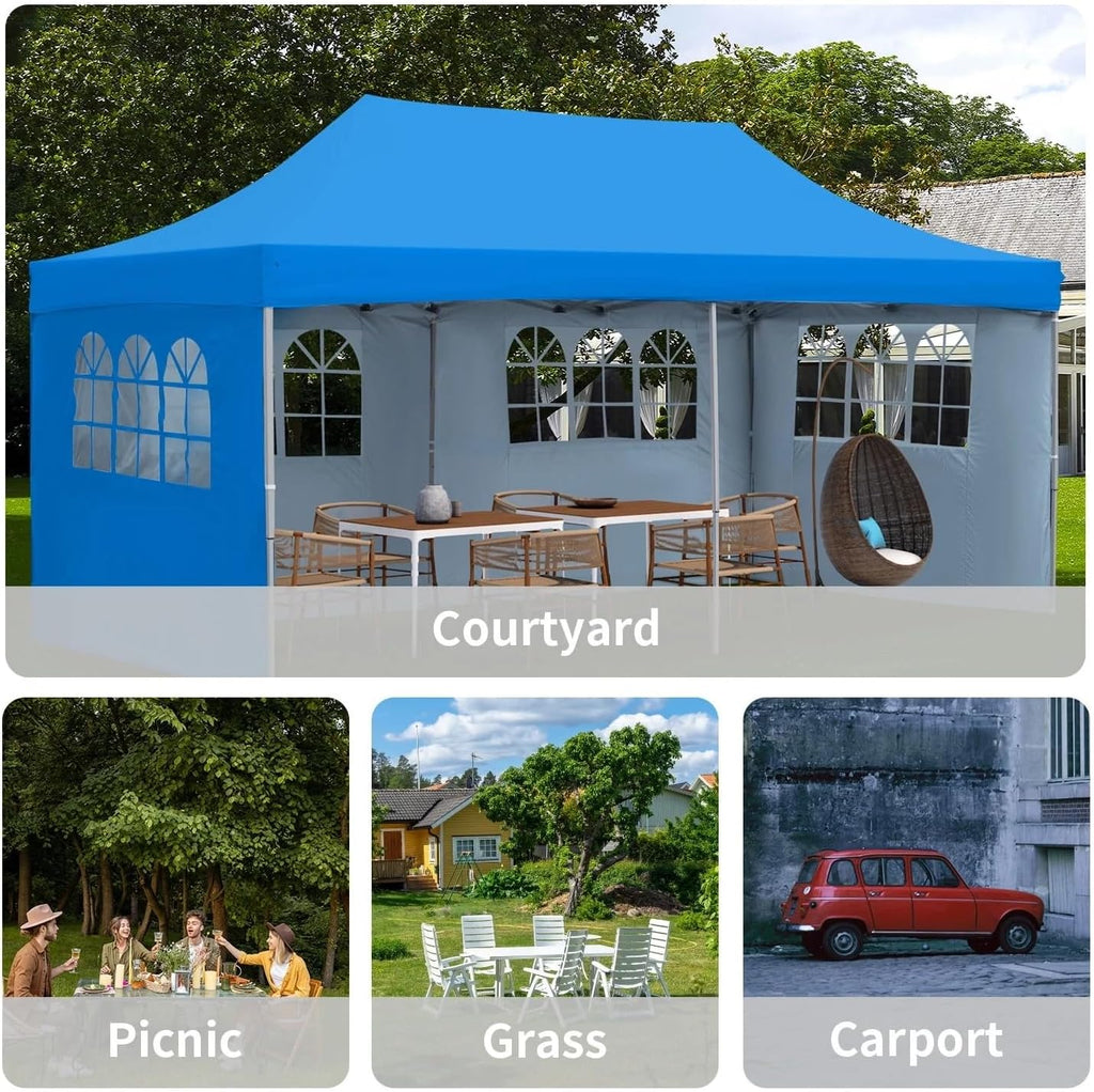 Outdoor Basic 10' x 20' Pop up Canopy Tent, Instant Heavy Duty Gazebo Tent with 4 Sidewalls/Wheeled Bag for Party Commercial Activity (Blue, with 4 Sidewall)