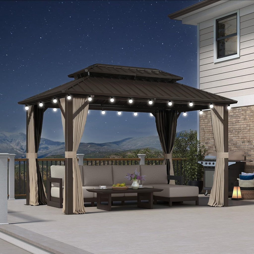 PURPLE LEAF 8' X 12' Hardtop Gazebo Outdoor Gazebos Metal Frame Galvanized Steel Double Roof with Curtains and Nettings for Patio Desk Backyard Bronze
