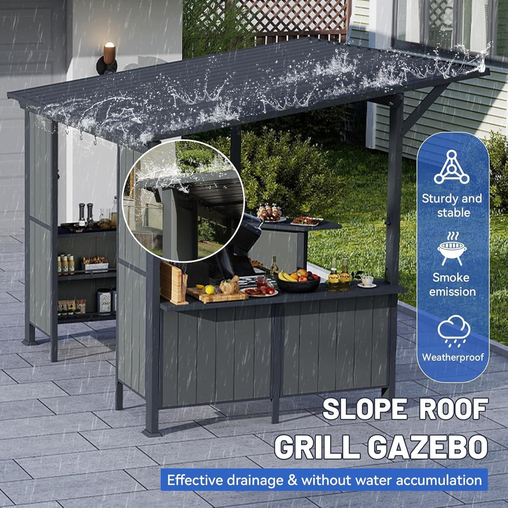 9x10FT Hardtop Grill Gazebo, Lean to Outdoor BBQ Shelter with Galvanized Steel Slanted Roof, Permanent Metal Grilling Station with Storage Shelves & Bar Platform for Patio (Gray, 9X10FT)