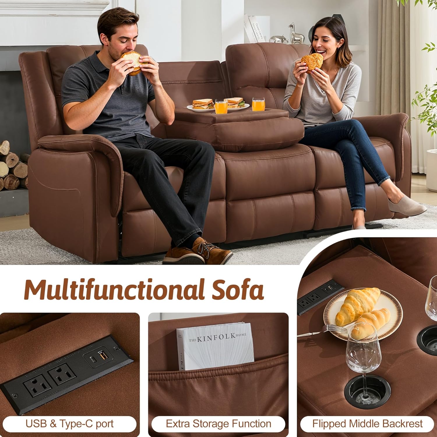 Korser Loveseat Recliner Sofa, Flip Middle Backrest Design 3 Seat Reclining Sofa with Storage Drawer, Performance Fabric Reclining Couch with Storage, USB Port, Manual Couch for Living Room, RVs