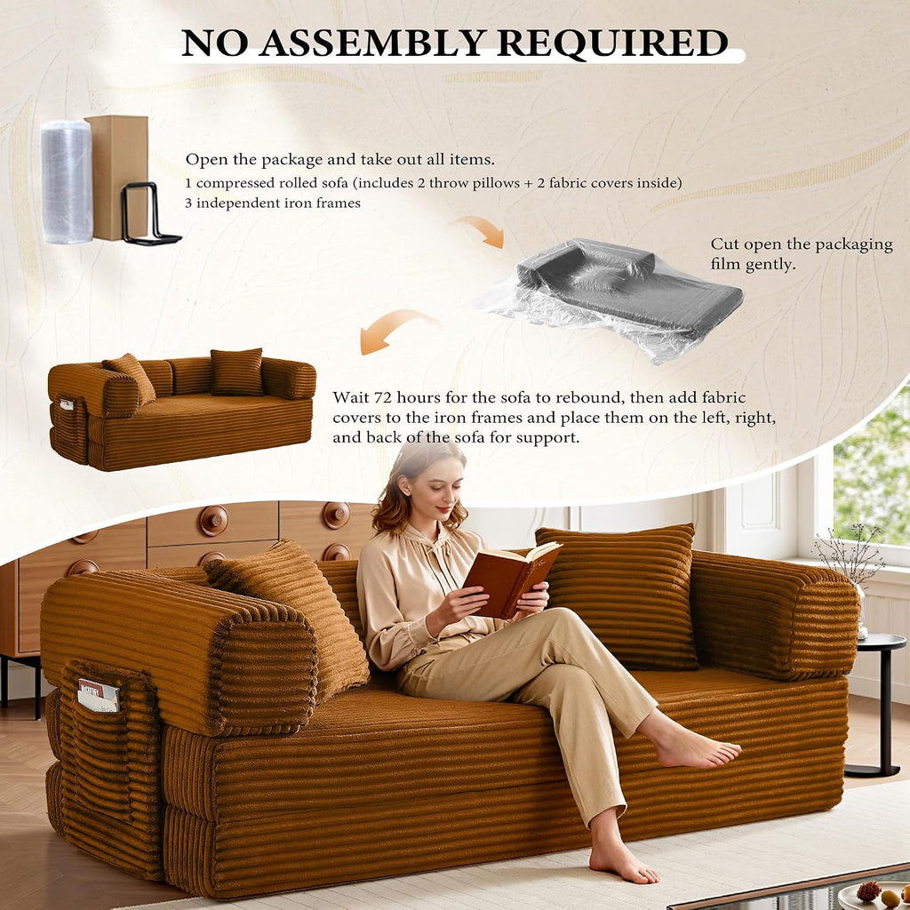 Boneless Couch Futon Sofa Bed Sectional Couches for Living Room,Cloud Couch with Sleeper Sofa,Sofas for Living Room Oversized Corduroy Upholstered (Orange, 81 Inches (with Iron Frame))