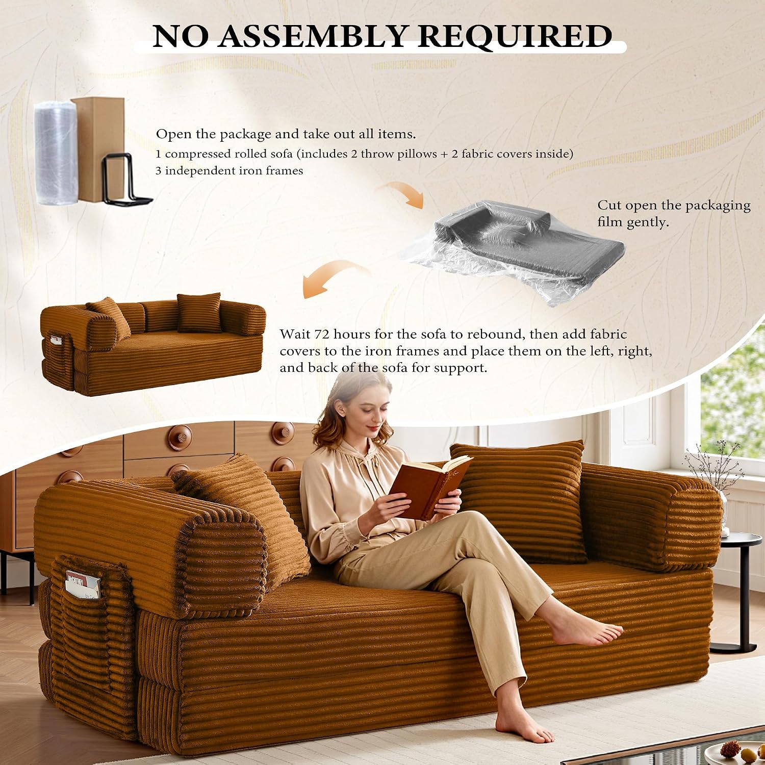 Boneless Couch Futon Sofa Bed Sectional Couches for Living Room,Cloud Couch with Sleeper Sofa,Sofas for Living Room Oversized Corduroy Upholstered (Orange, 81 Inches (with Iron Frame))