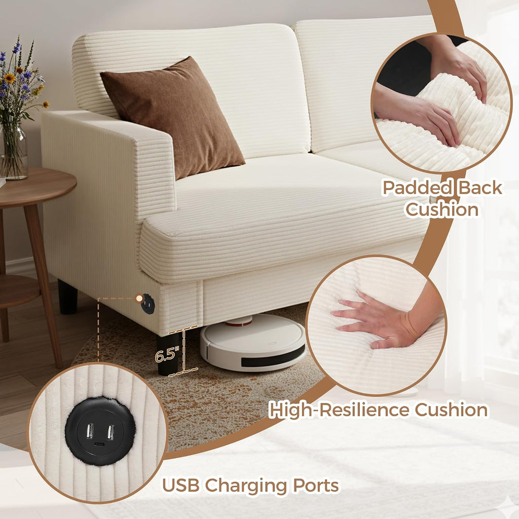 MAKIAAP 70' Loveseat Sofa for Living Room, Comfy Corduroy Couch with USB & Type-C Ports, Modern 2-Seater Deep Seat Small Couch for Bedroom, Apartment, Office – Soft Cushions & Sturdy Frame (Beige)