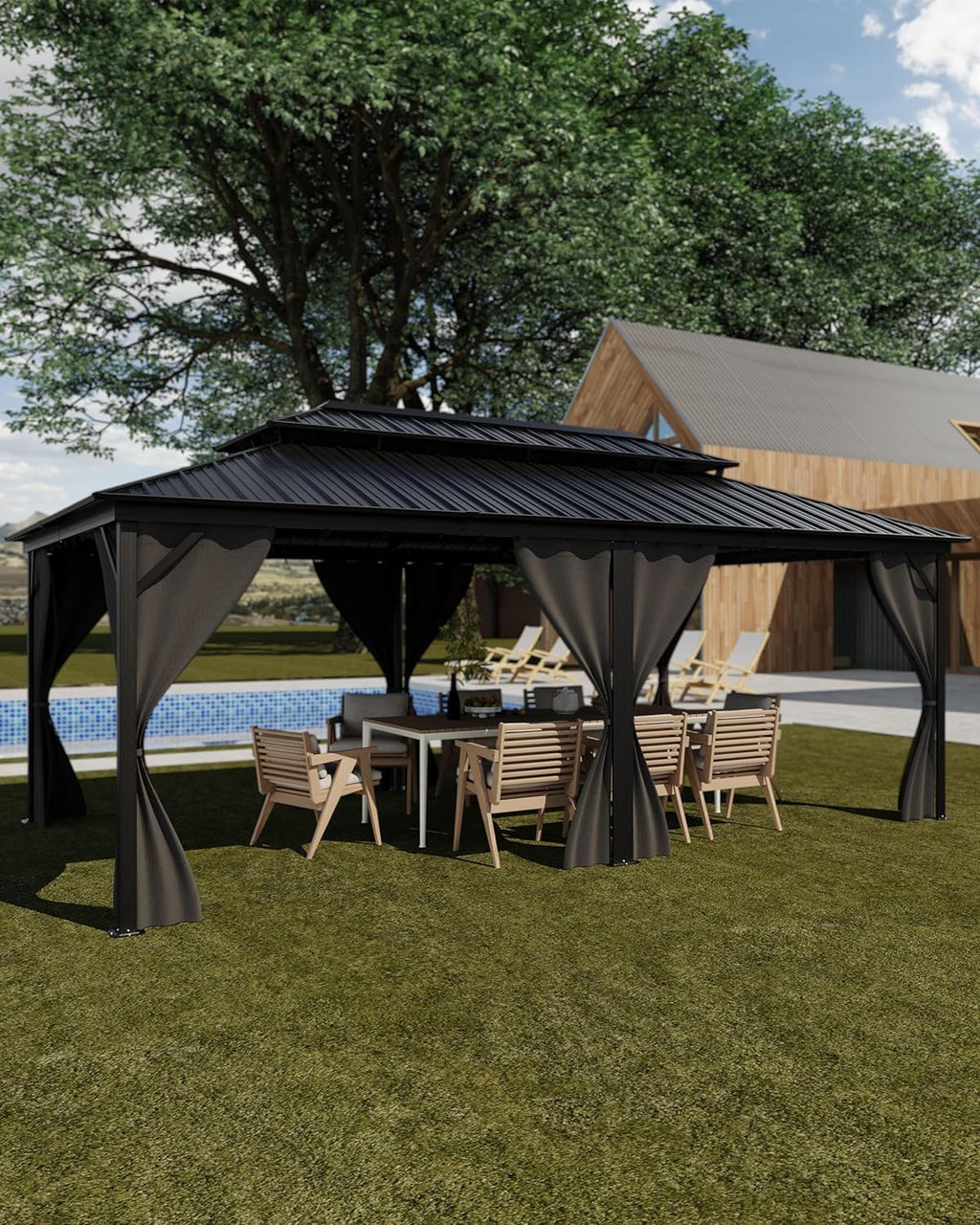 GAOMON Hardtop Gazebo 12'x20' for All Weather, with Double Metal Roof, Aluminum Alloy Frame, Net, and Curtain, Permanent Building of Backyard Luxury for Patio, Deck, Backyard, Lawn, and Garden, Gray