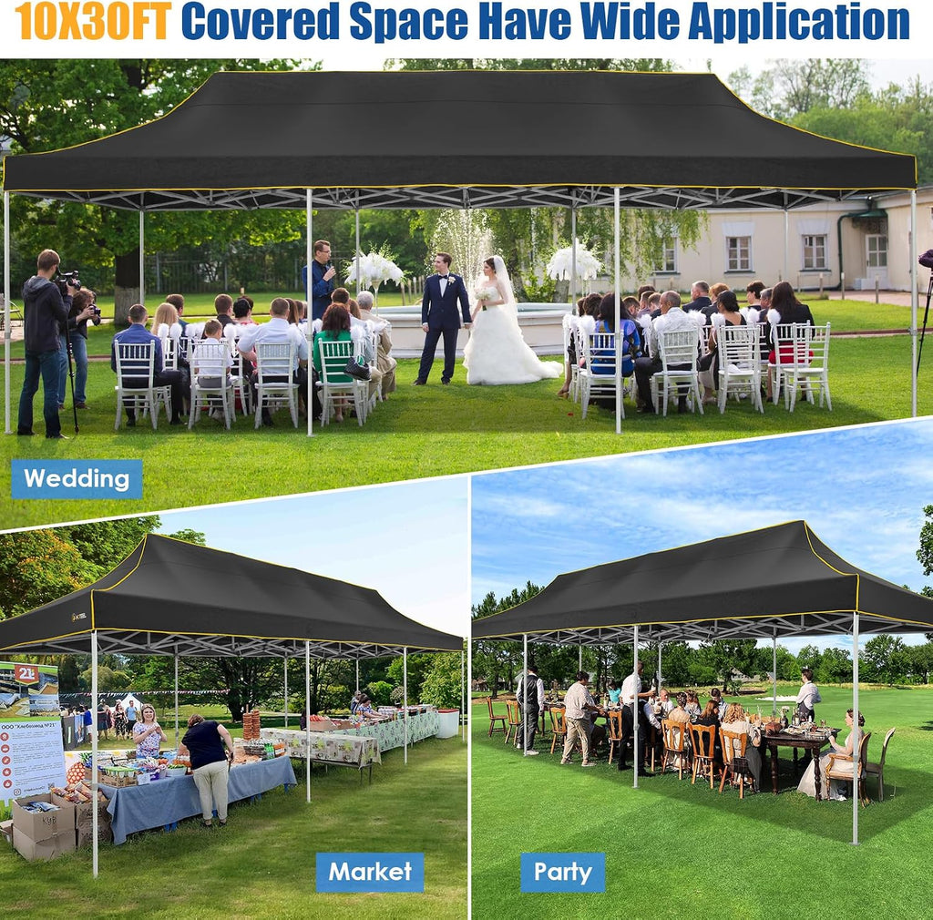HOTEEL 10x30 Pop up Canopy Tent for Parties, Heavy Duty Easy Setup Tent Without Sidewalls, Outdoor Commercial Instant Gazebo for Wedding Event, with Portable Bag, Black(Hexagonal Frame)