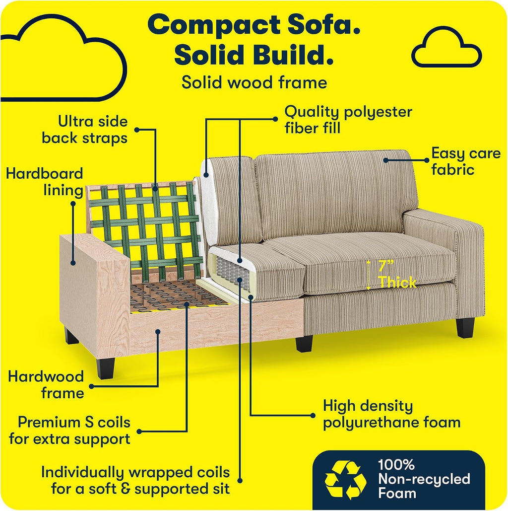 Serta Palisades 78' Track Arm Sofa, Easy Care Polyester, Soft Pillow Back, Pocket Coil Seat Cushions, Removable Covers, Loveseat or Couch for Small Spaces, Living Rooms or Bedrooms, Beige