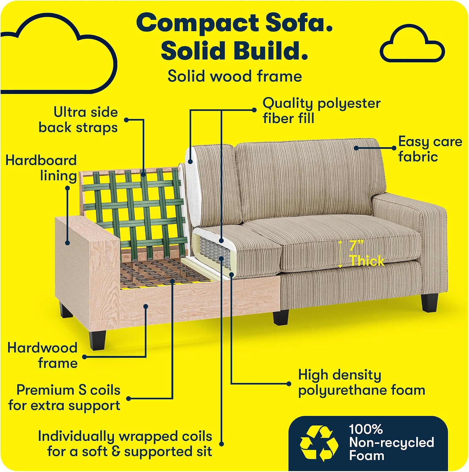 Serta Palisades 78' Track Arm Sofa, Easy Care Polyester, Soft Pillow Back, Pocket Coil Seat Cushions, Removable Covers, Loveseat or Couch for Small Spaces, Living Rooms or Bedrooms, Beige