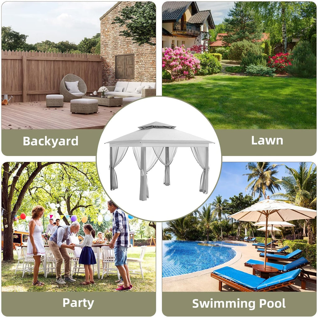 11x11Ft Pop Up Gazebo with Mosquito Netting, Outdoor Heavy Duty Instant Canopy with Sturdy Metal Frame & Double Roofs, Patio Shelter for Backyard, Garden, Lawn, Deck