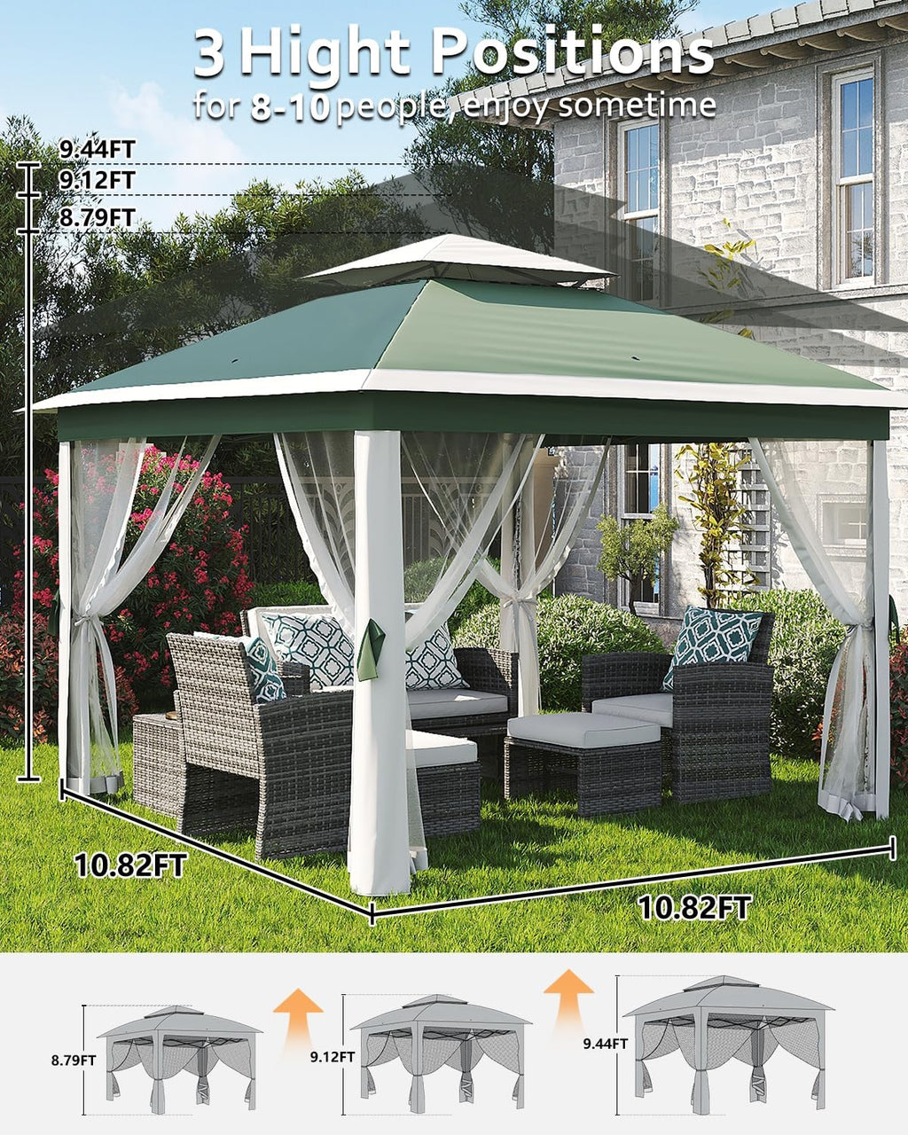 11x11ft Pop Up Gazebo Tent with Mosquito Netting, Outdoor Canopy Shelter Easy Setup, Water & UV Resistant - Green