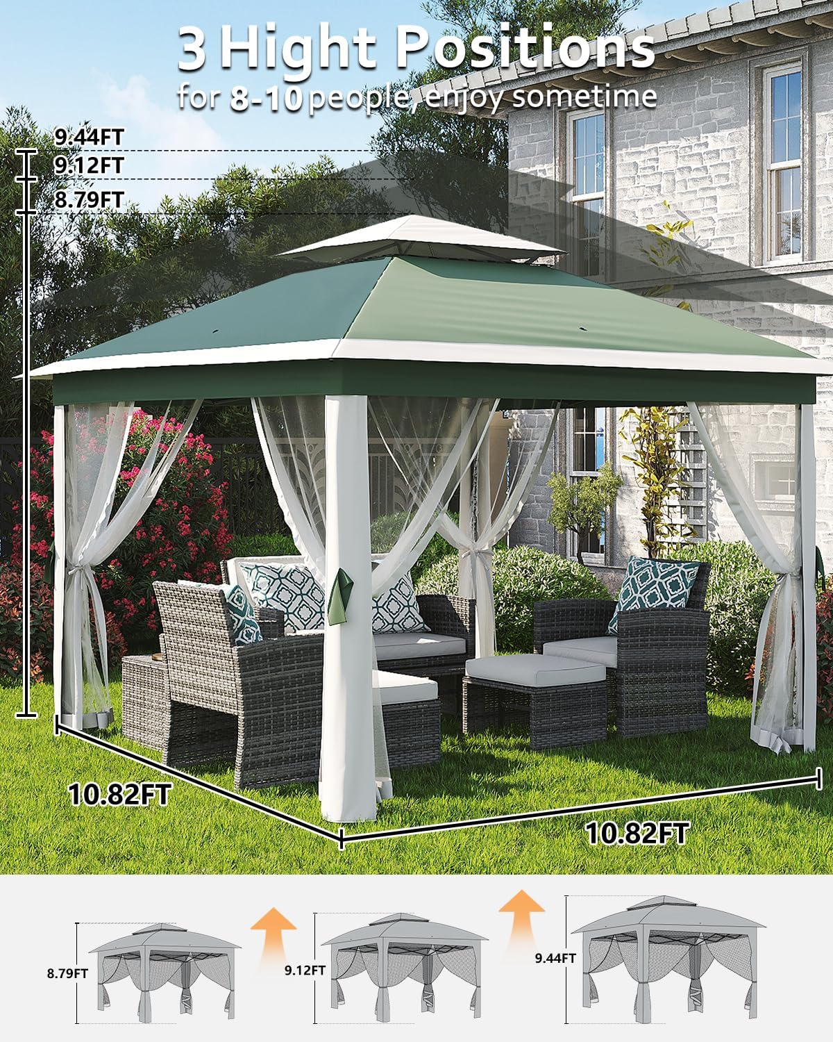 11x11ft Pop Up Gazebo Tent with Mosquito Netting, Outdoor Canopy Shelter Easy Setup, Water & UV Resistant - Green