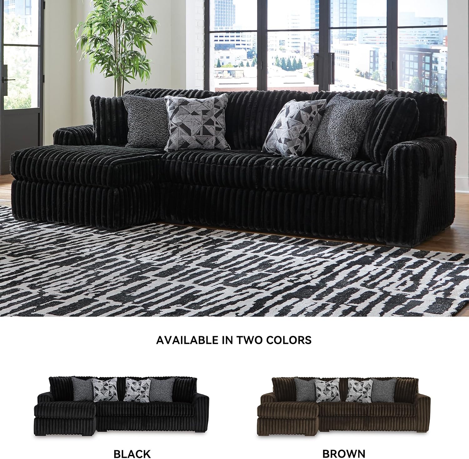 Signature Design by Ashley Midnight-Madness 2-Piece Sectional Sofa with Chaise, Faux Wood Finish Accent Legs, Fabric Upholstery, 120' W x 65' D x 40' H, Black
