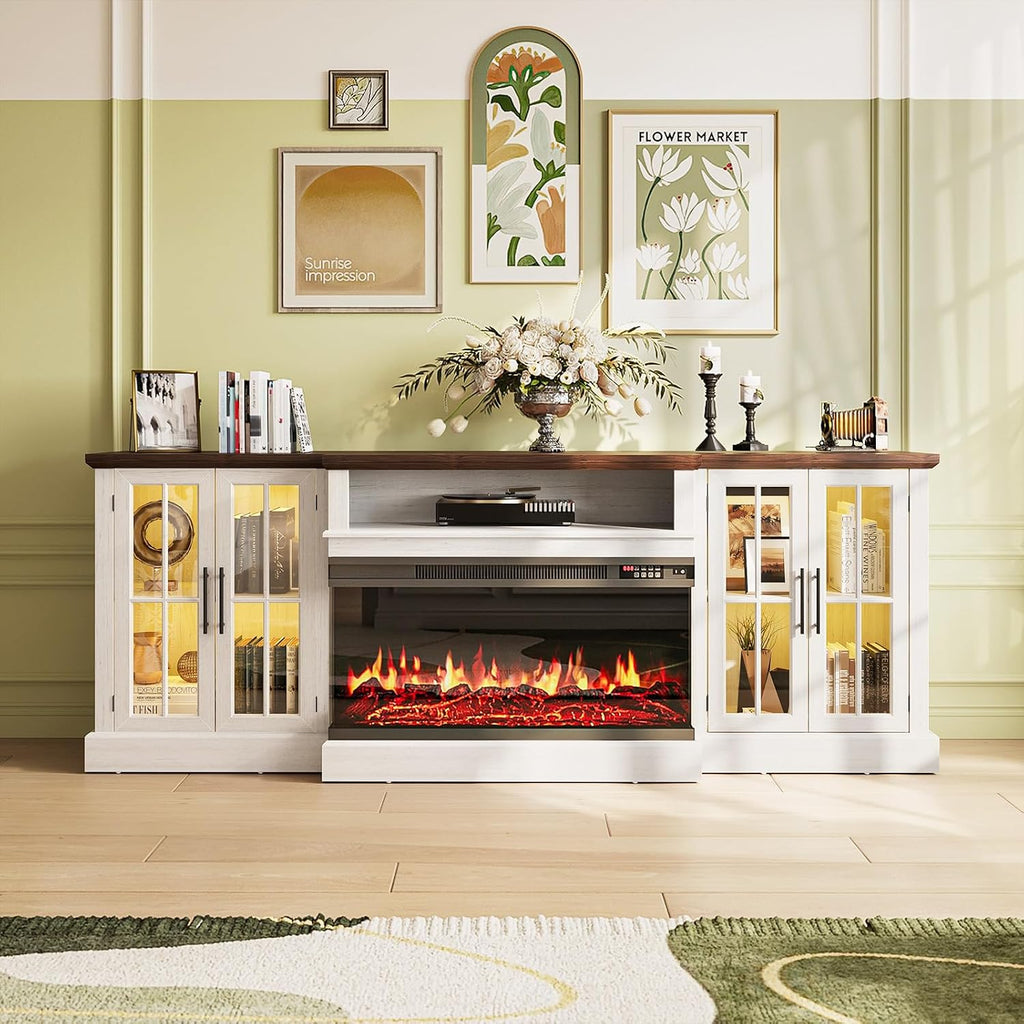 87' Farmhouse TV Stand with 36' Fireplace for TVs up to 90', Media Entertainment Center with Adjustable Shelves and Large Storage Cabinets, for Living Room, White & Black