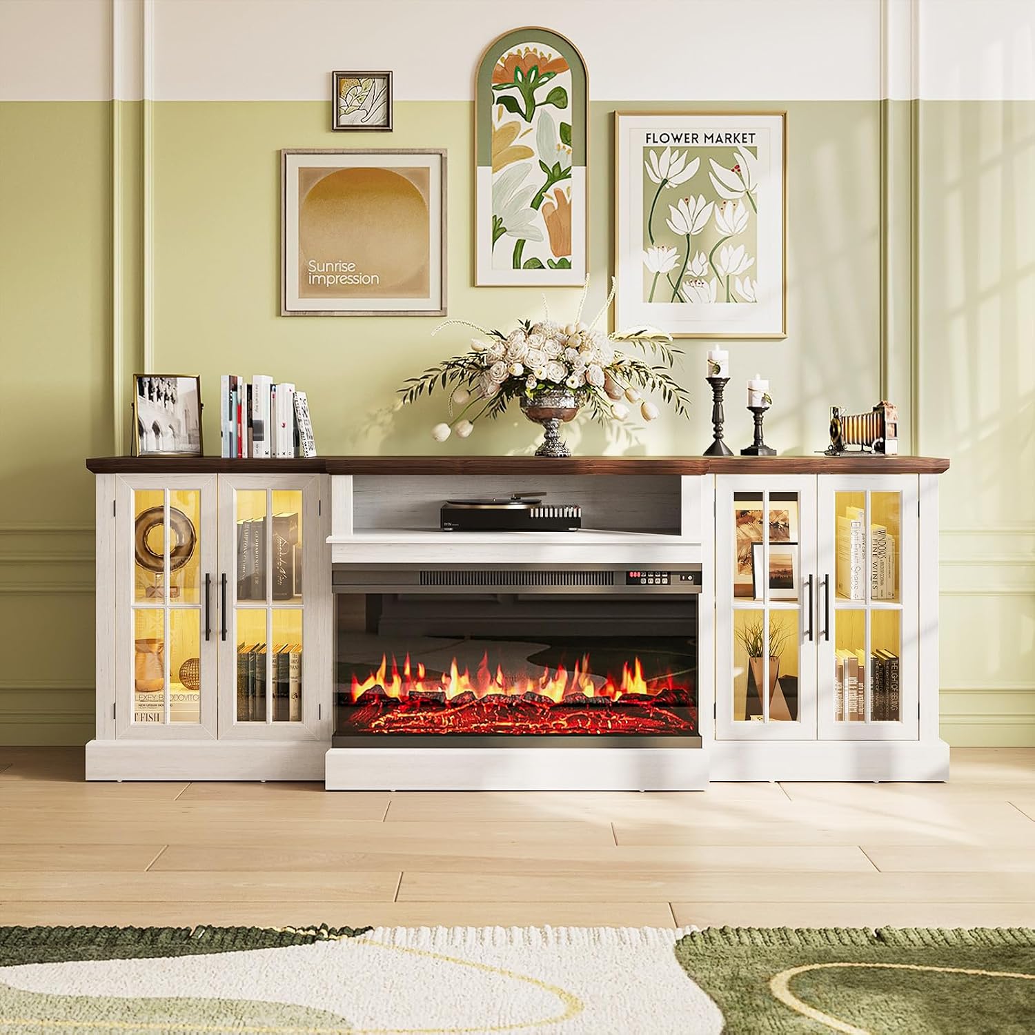 87' Farmhouse TV Stand with 36' Fireplace for TVs up to 90', Media Entertainment Center with Adjustable Shelves and Large Storage Cabinets, for Living Room, White & Black