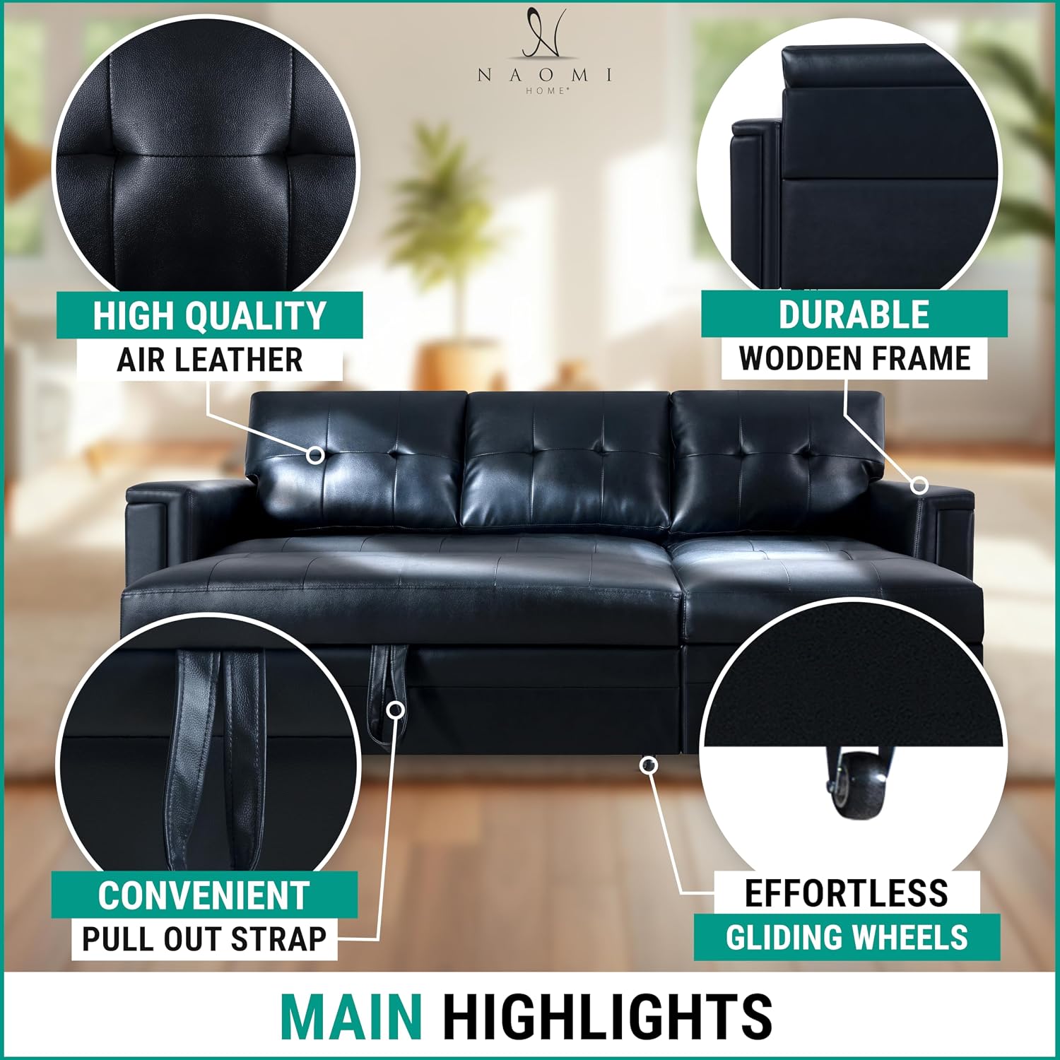 Naomi Home L-Shaped Sectional Sleeper Sofa with USB Ports - Convertible Pull-Out Bed, Ample Storage, Timeless Design, Durable Construction Black/Air Leather