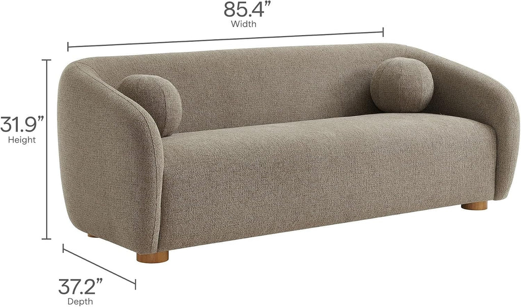 Modway Holland 85 Inch Minimalist Curved Back Sofa in Taupe – Chenille Fabric Sofa with Ball Throw Pillows and Wood Feet – Modern 3-Seater Couch for Living Room
