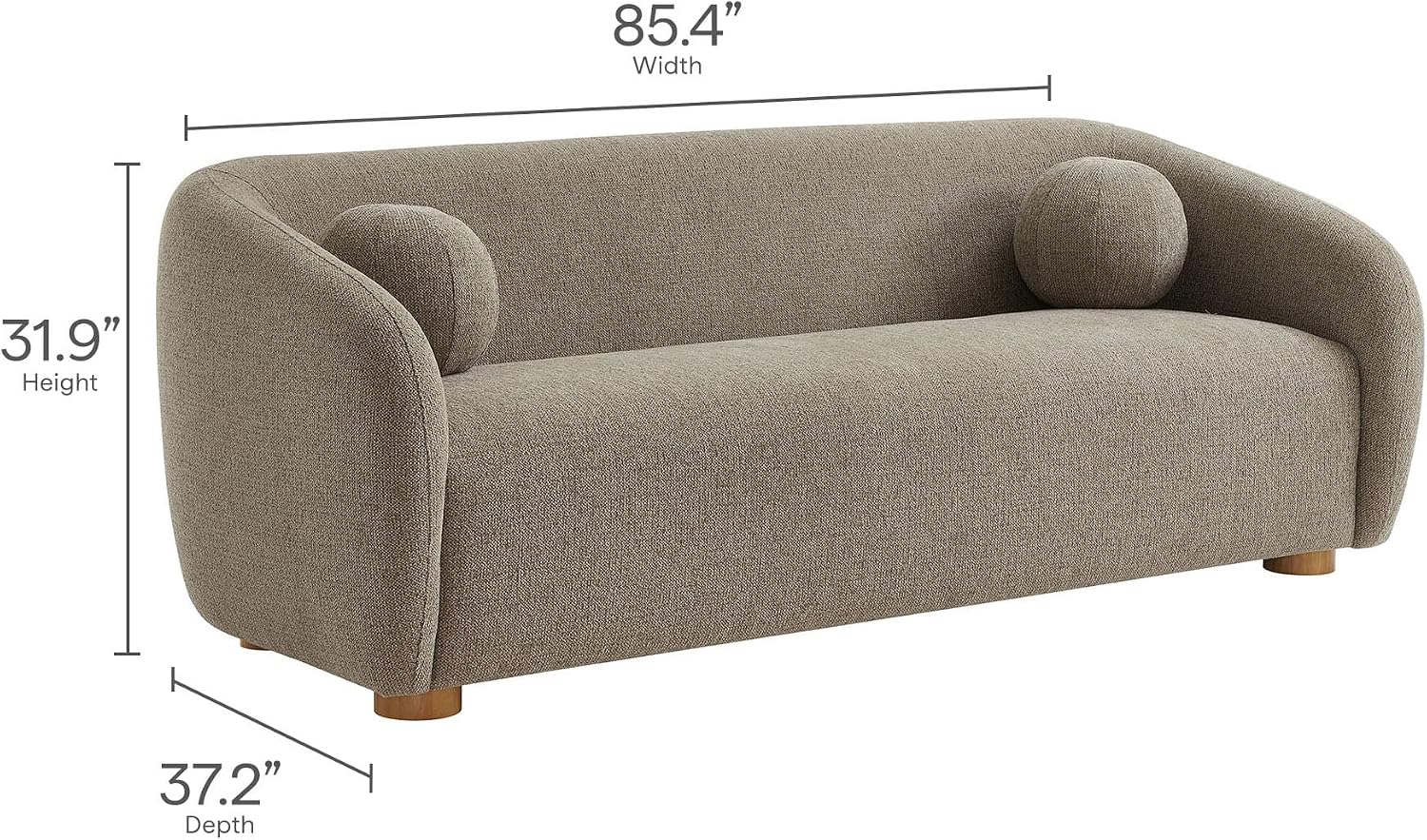 Modway Holland 85 Inch Minimalist Curved Back Sofa in Taupe – Chenille Fabric Sofa with Ball Throw Pillows and Wood Feet – Modern 3-Seater Couch for Living Room