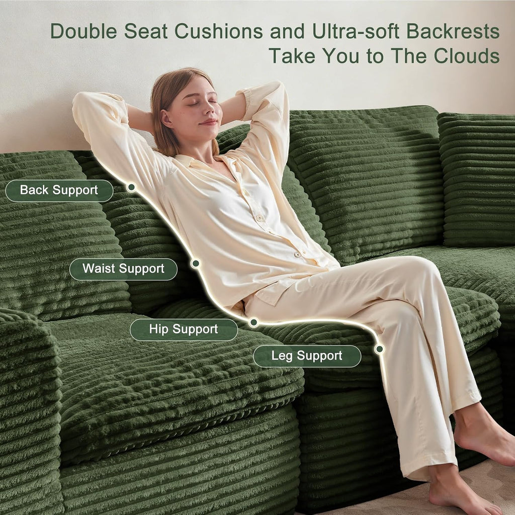 138' Modular Sectional Sofa Couches U Shaped Couch 4 Seater Cloud Sofa Memory Foam Sectional Couches for Living Room, Boneless Couch with Ottoman, Corduroy, Green
