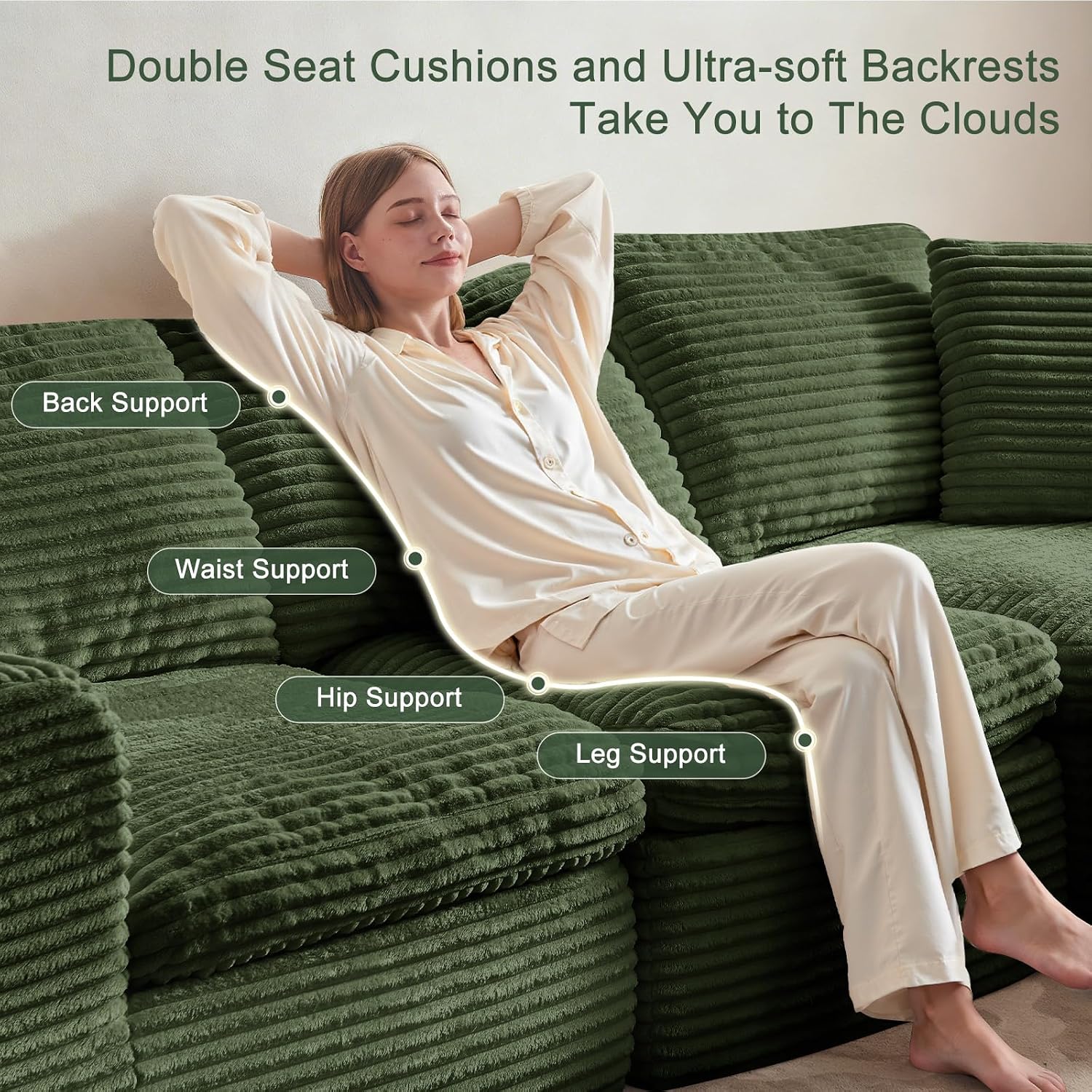 138' Modular Sectional Sofa Couches U Shaped Couch 4 Seater Cloud Sofa Memory Foam Sectional Couches for Living Room, Boneless Couch with Ottoman, Corduroy, Green