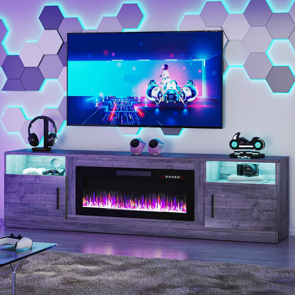 TAVATA Fireplace TV Stand, 80 inch TV Stands for Living Room with 36' Fireplace, Modern Entertainment Center with LED Light for TVs Up to 90', Media Console with Highlight Storage Cabinets (Grey)
