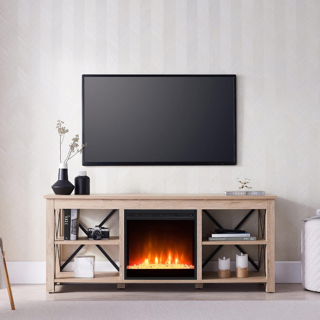 Henn&Hart Rectangular TV Stand with Crystal Fireplace for TV's up to 65' in White Oak, Electric Fireplace TV Stands for the Living Room