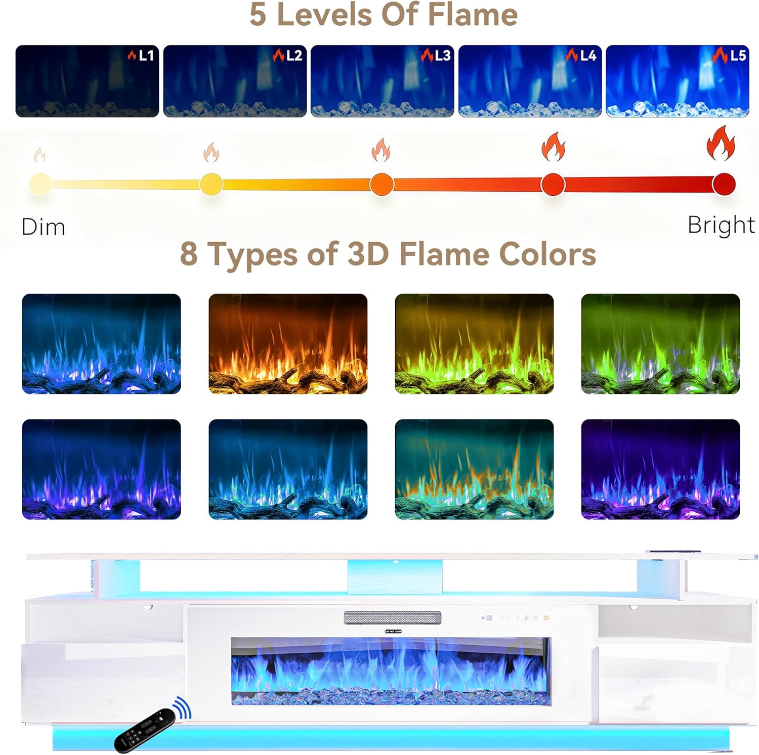 FJTJBSI 70' Fireplace TV Stand with 36' Electric Fireplace Entertainment Center with Charging Station and LED Light Console Table for Television up to 80 inch with Storage for Living Room