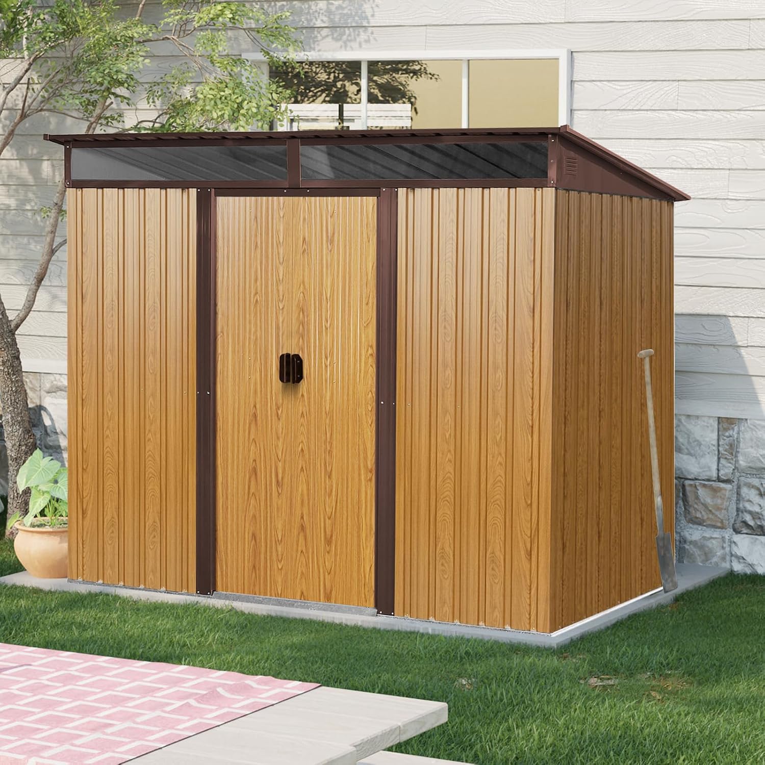 GDFStudio 8ft x 6ft Outdoor Metal Storage Shed with Lockable Sliding Doors, Foundation Frame, Transparent Roof Panels and Vents, Garden Tool Organizer for Backyard, Patio, Lawn,Coffee Color