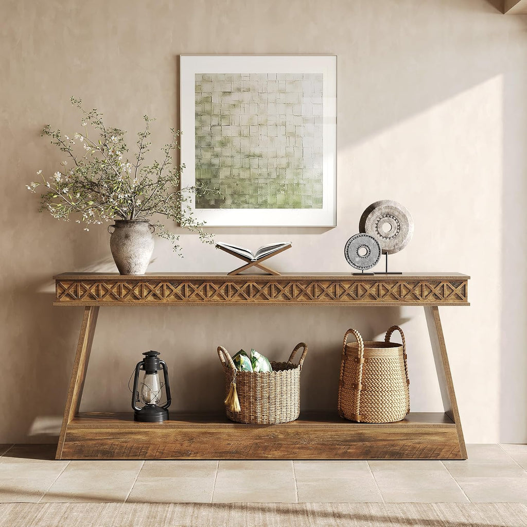 LITTLE TREE 70.87' Long Farmhouse Console Table, 2-Tier Shelf Narrow Accent Entryway Sofa Table for Living Room, Behind Couch, Hallway - Brown
