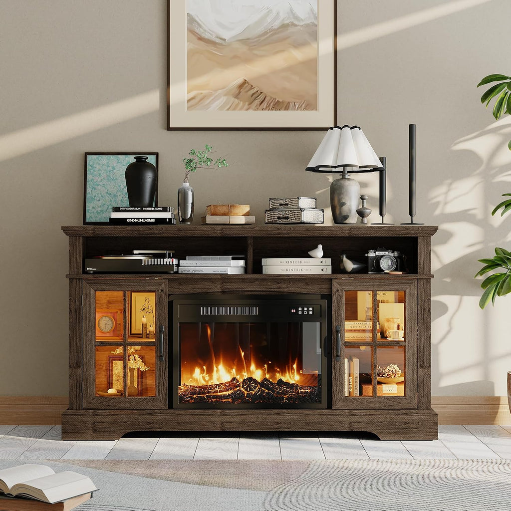 58' Farmhouse TV Stand with 23' Fireplace for TVs up to 80', Media Entertainment Center with Adjustable Shelves and Large Storage Cabinets, for Living Room, Brown & Black
