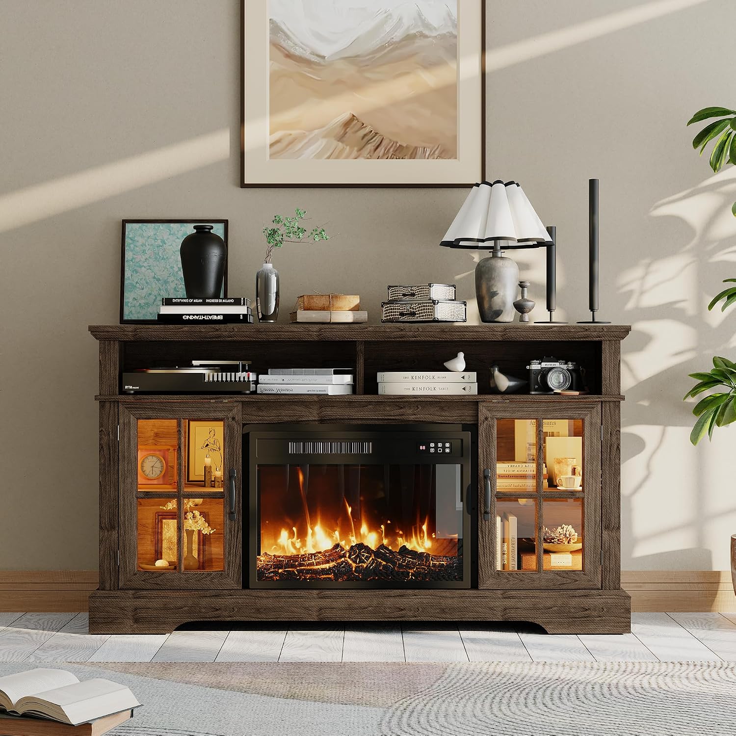 58' Farmhouse TV Stand with 23' Fireplace for TVs up to 80', Media Entertainment Center with Adjustable Shelves and Large Storage Cabinets, for Living Room, Brown & Black