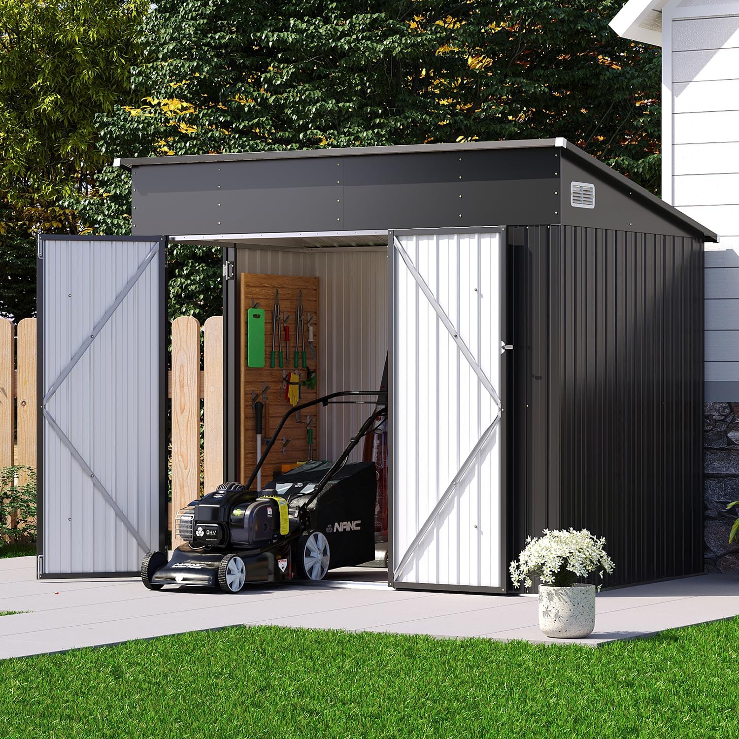 7.3'x5.3' Outdoor Metal Storage Shed with Triple Lockable Doors & Sloping Roof for Tools, Bicycles, and Garden Equipment