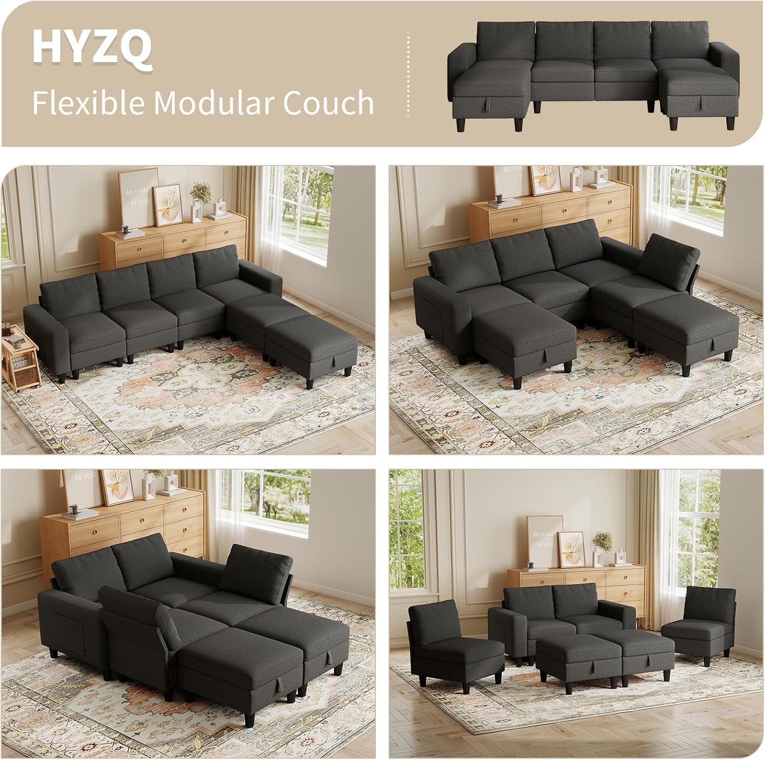 Modular Sectional Couches for Living Room, 110' U Shaped Sectional Sofa Couch with Adjustable Backrest, 6 Seat Linen Cloud Couch Sectionals with Storage Ottoman for Apartment (Dark Grey)