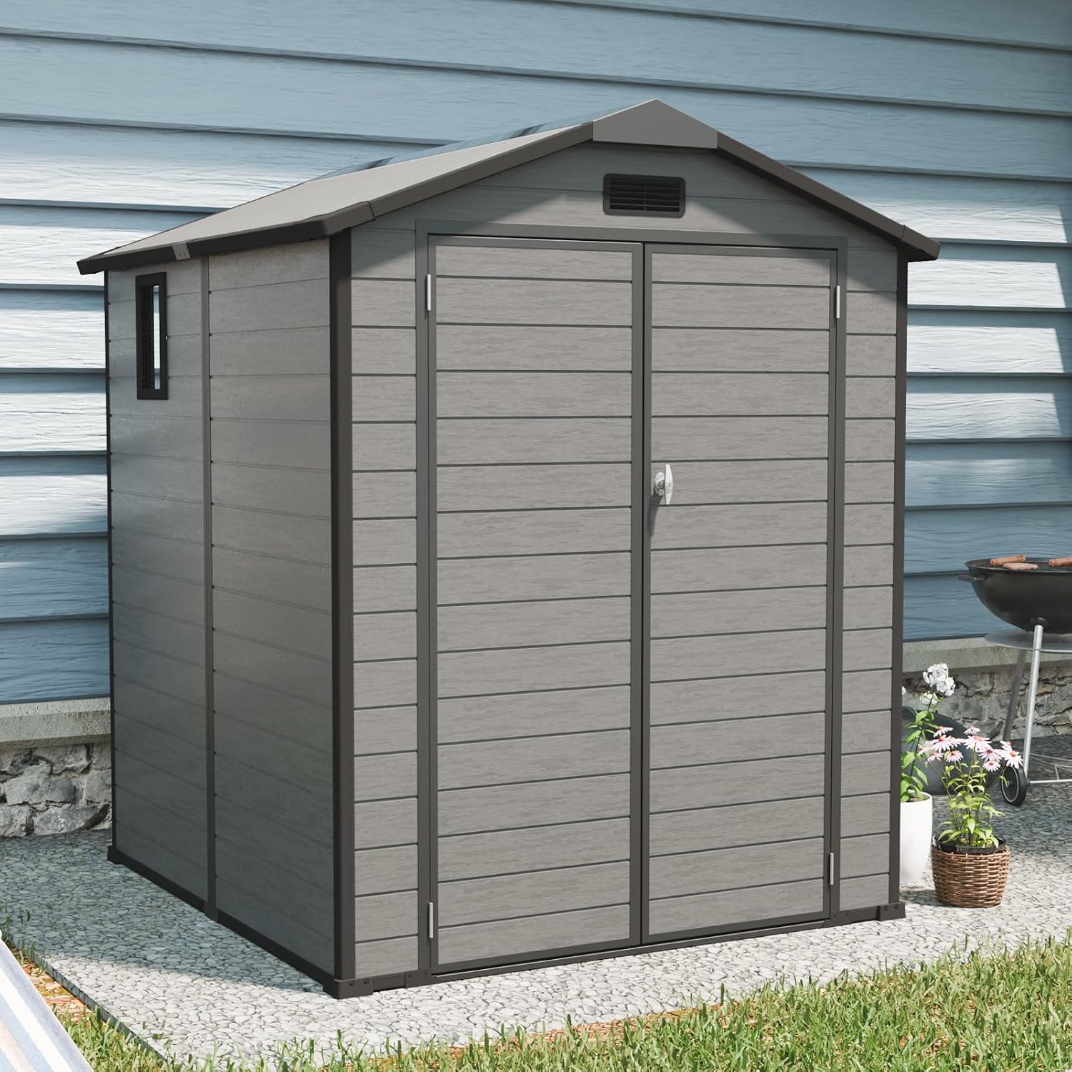 6x6 ft Outdoor Resin Storage Shed with Floor, Waterproof Plastic Garden Shed with Lockable Door, 2 Side Windows and Full-Length Ridge Skylight, All-Weather Tool Sheds for Backyard, Patio, Lawn