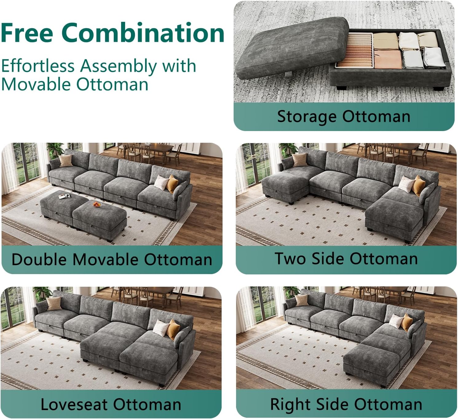 Modular Sectional U Shaped Sofa Couches for Living Room, Cloud Couch with Storage Ottoman, Comfy Chenille Sofa with Pillow, Dark Gray | Comfort, Ease of assembly, Softness, Good Quality, Storage Capacity, Sturdiness