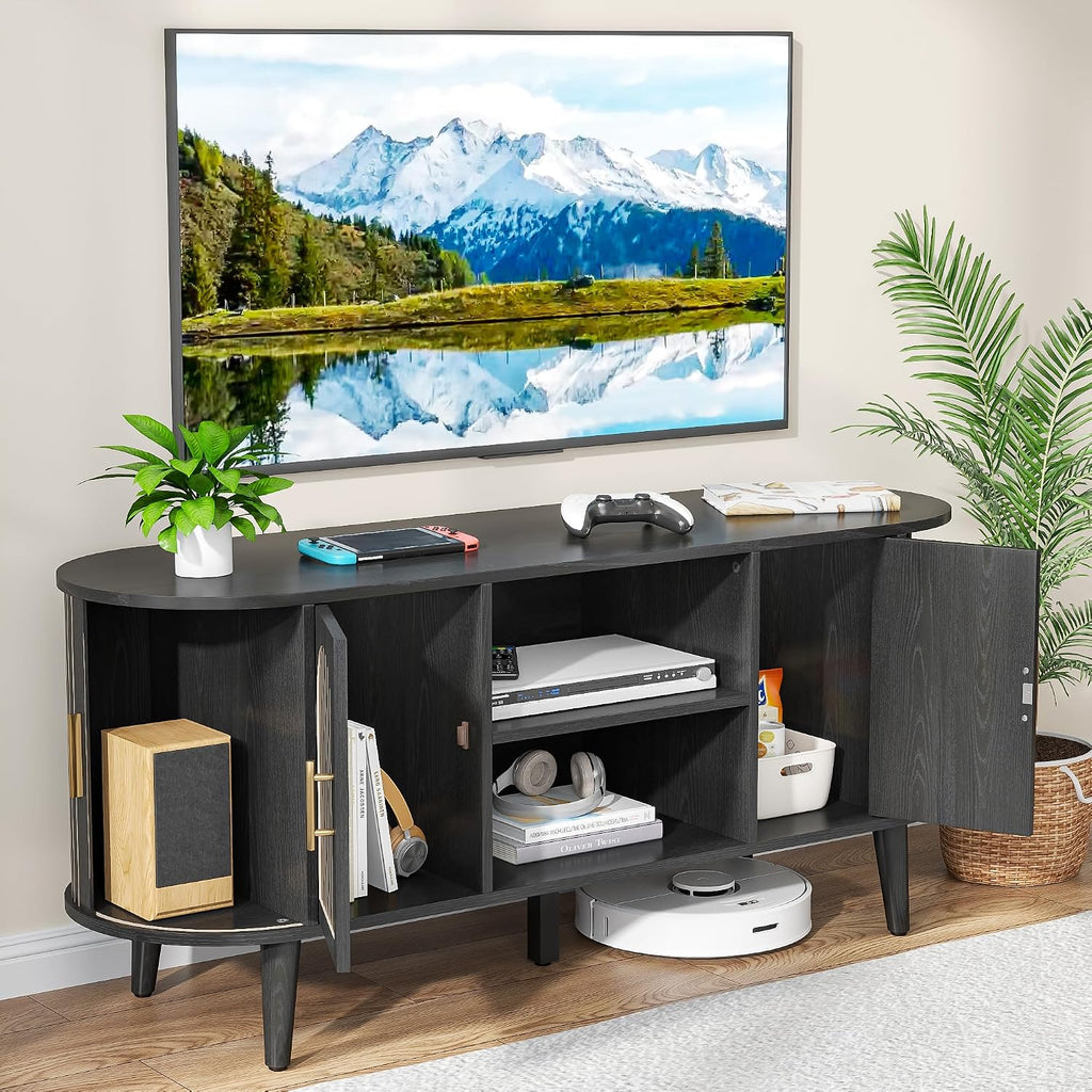 51' Fluted TV Stand, Mid-Century Modern Entertainment Center for Tvs up to 60' with Drawers and Fluted Doors, Curved TV Media Console Table with Sliding Doors for Living Room, Bedroom (51' Black)