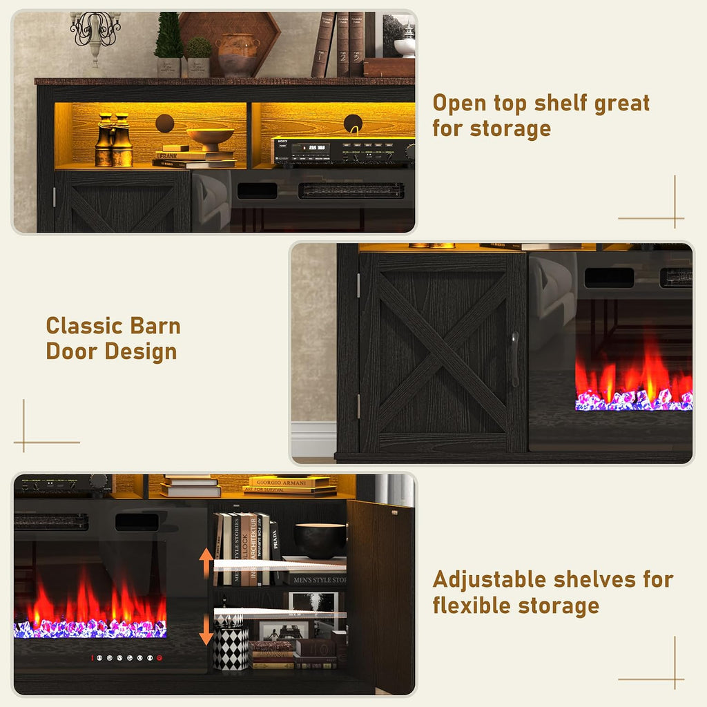 jiteentarou Farmhouse Fireplace TV Stand for 70/75/80 Inch TV, 32'Tall Entertainment Center w/ 36'Electric Fireplace and LED Light, 70'Media Console w/Barn Door Cabinet for Living Room, Black
