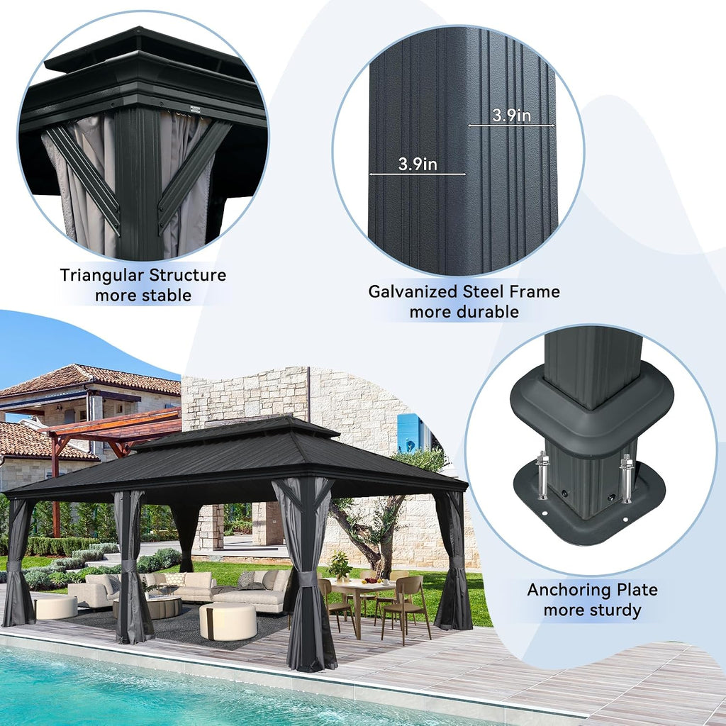 14' x 20' Outdoor Hardtop Gazebo with Gutters, Double Roof Galvanized Metal Gazebo for Backyard, Patio, Deck, Hot Tub, Heavy Duty Canopy Permanent Pavilion with Curtains and Netting, Grey